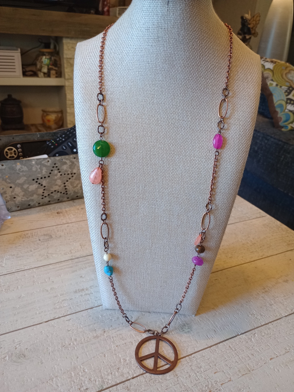 Boho Copper Tone Multi-Bead Peace Pendant Necklace - Pink, Green, Blue